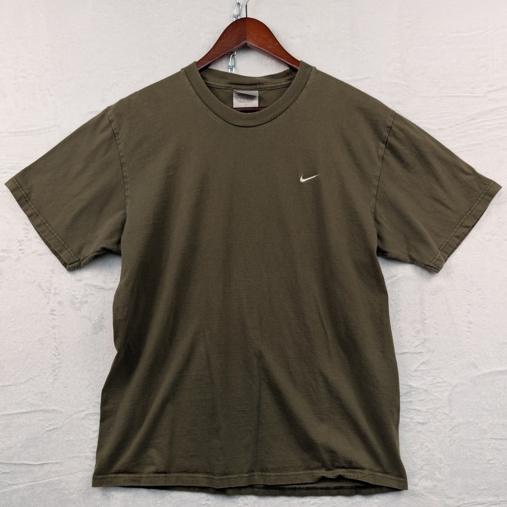 VTG Nike T-Shirt Men's L Olive Green Mini Side Swoosh Sporty Minimalist Y2K